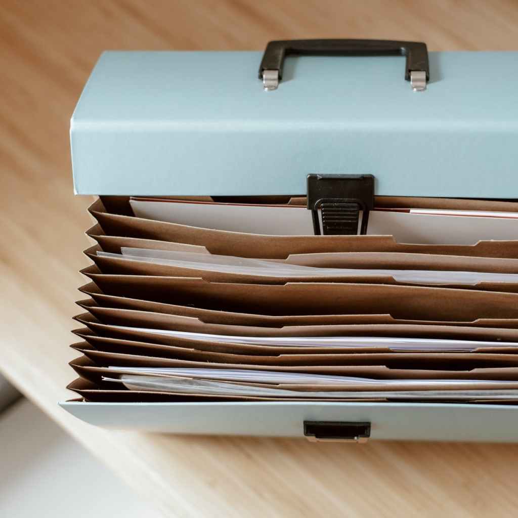 briefcase for documents placed on table